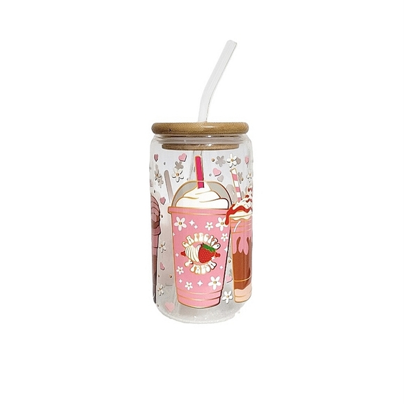 Cafecito Y Fresa Glass Tumbler Iced Coffee Cup 16oz Pink Design - Picture 2 of 5